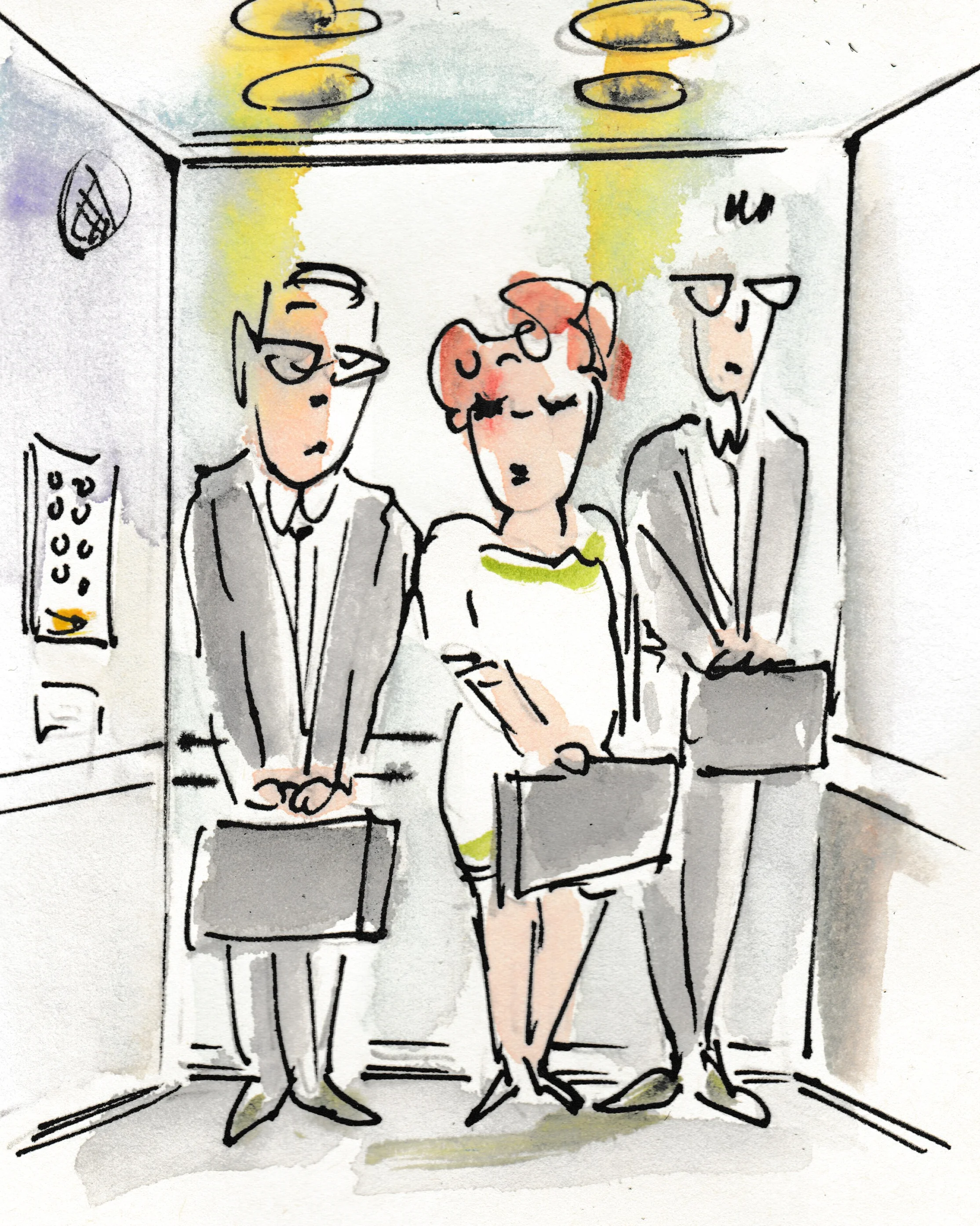 Menschen, die kein Gespräch im Aufzug führen – Zeichnung von Gerda Laufenberg.